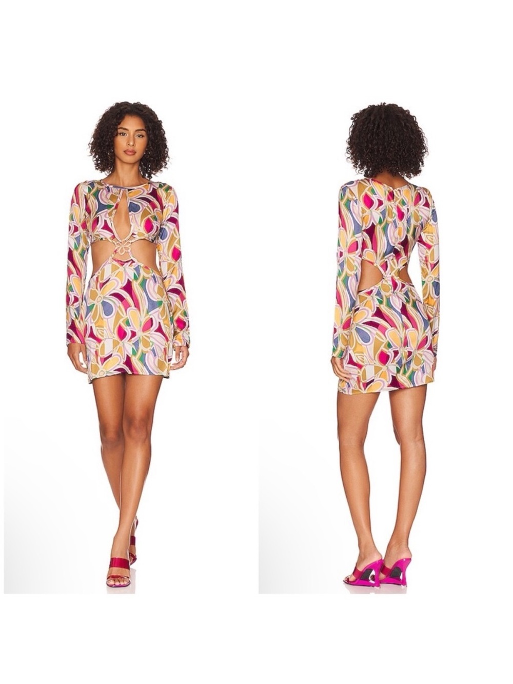 For Love and Lemons Thora Colorful Cutout Long-Sleeve Mini Dress NWT